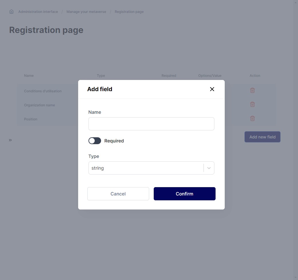 Mext metaverse Dashboard Features Registration Form Modal